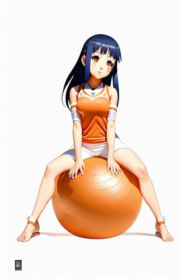 Blue-haired female anime character in white and orange sports outfit on exercise ball