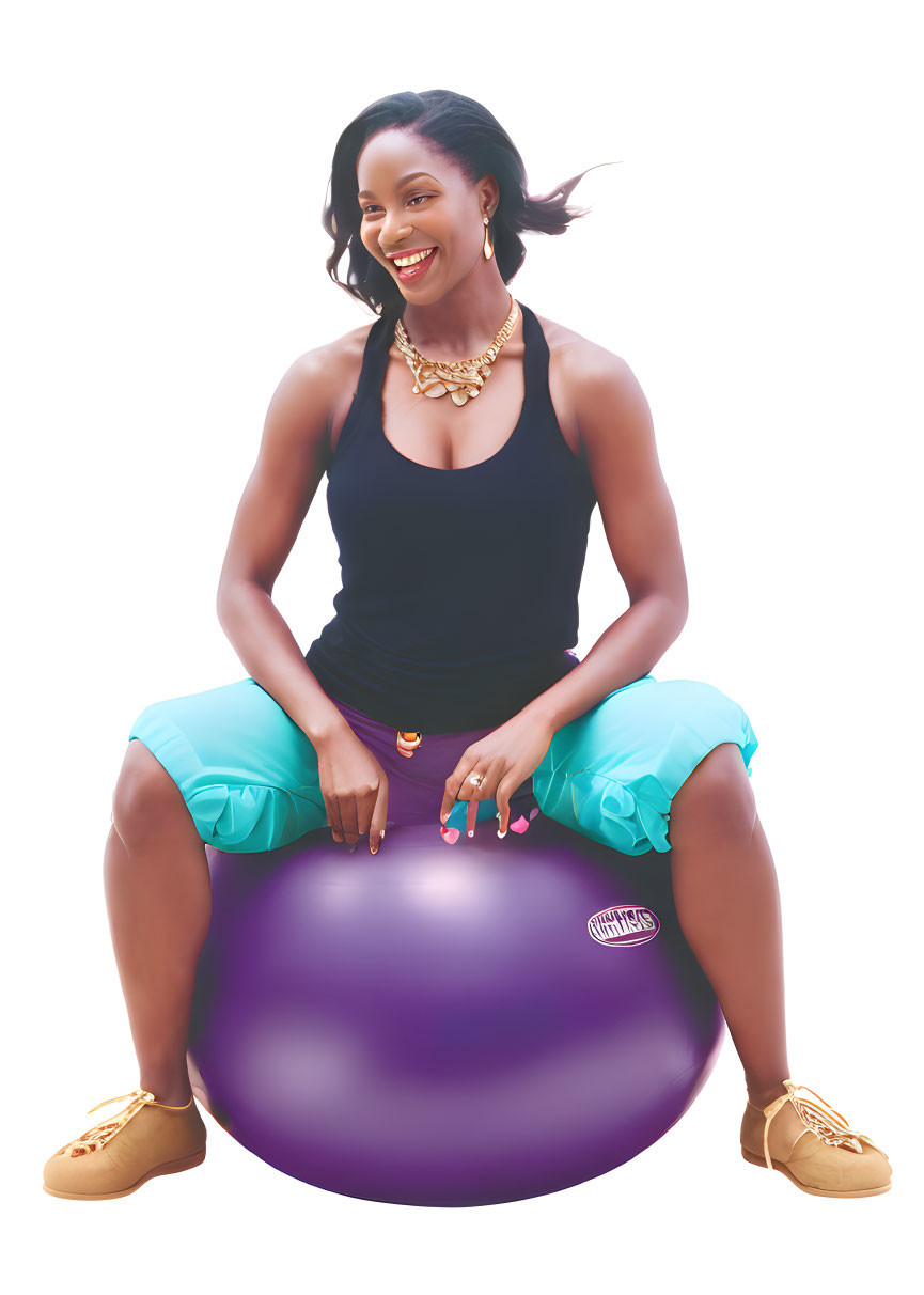 Smiling woman in black tank top on purple exercise ball