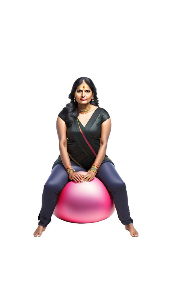 Woman in black sari sitting on pink exercise ball on white background