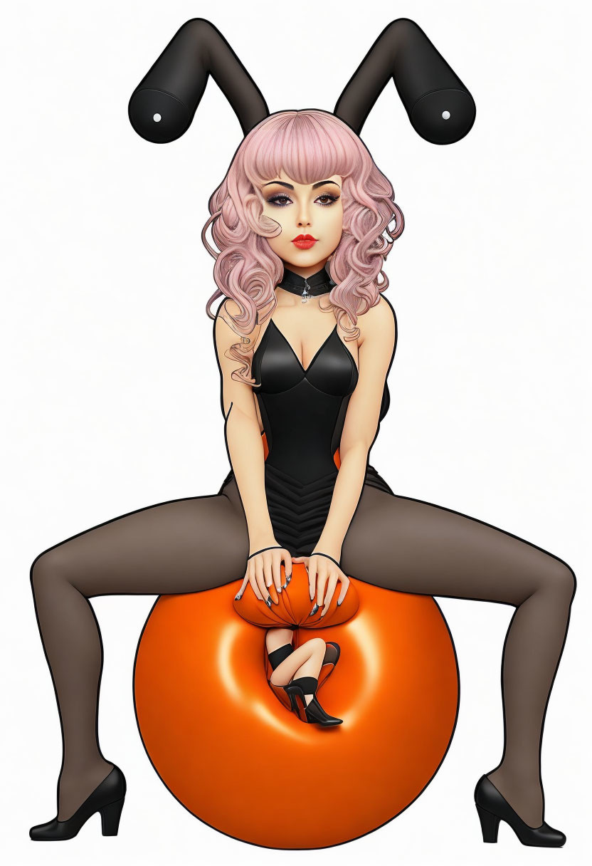 Stylized woman with pink hair and rabbit ears on orange ball in black outfit