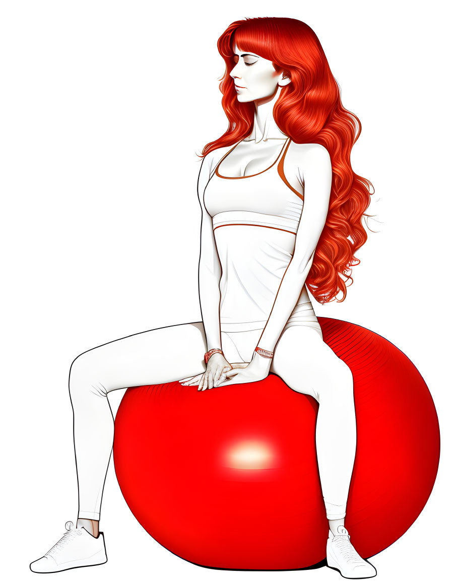 Digital illustration: Woman with long red hair on red exercise ball in white tank top, leggings, sneakers