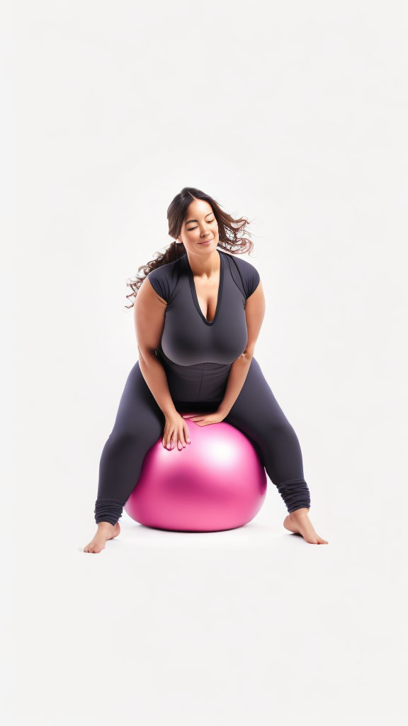 Woman in Black Workout Outfit Smiling on Pink Exercise Ball