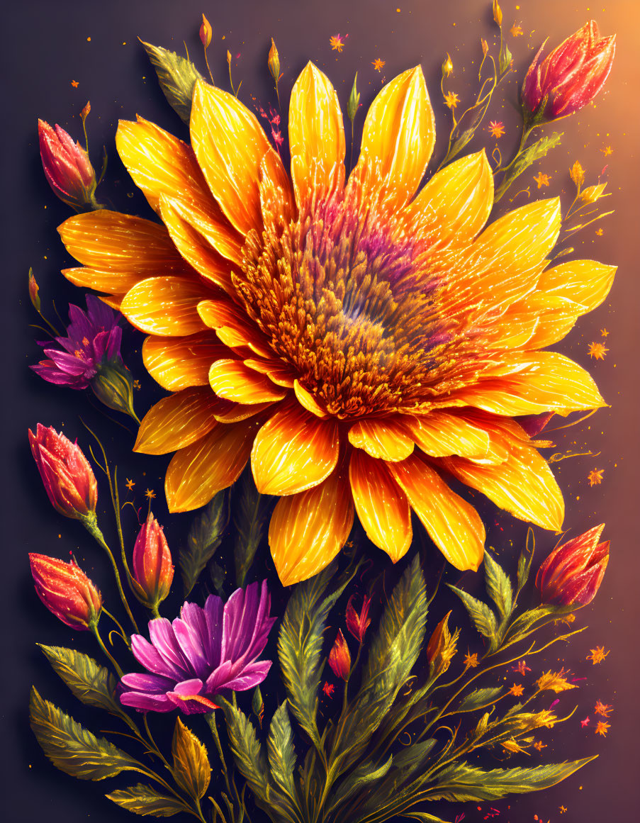 Golden sunflower digital art with magical sparkles on dark background