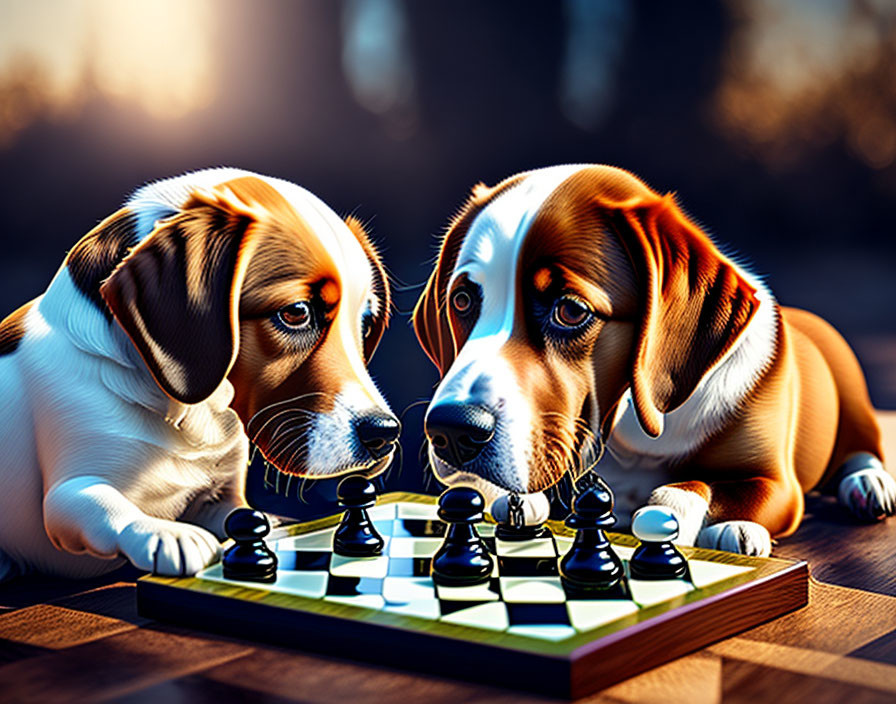 Two dogs in focused expressions playing chess in warmly lit setting