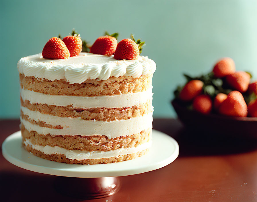 Vanilla cake with whipped cream frosting and strawberries on white stand against teal background