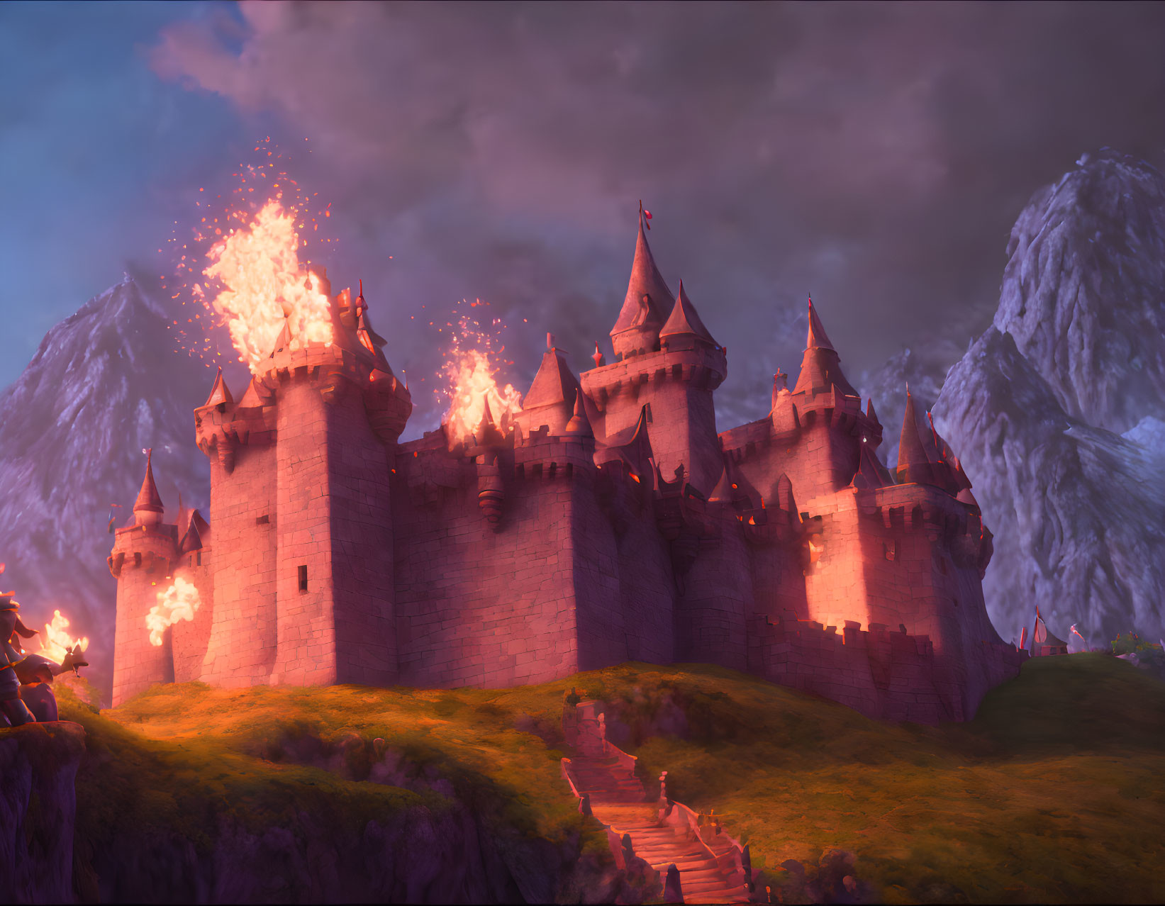 Burning castle against mountain twilight sky