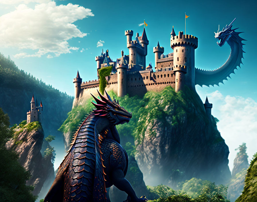 Dragons near castle on cliff in lush setting under blue sky