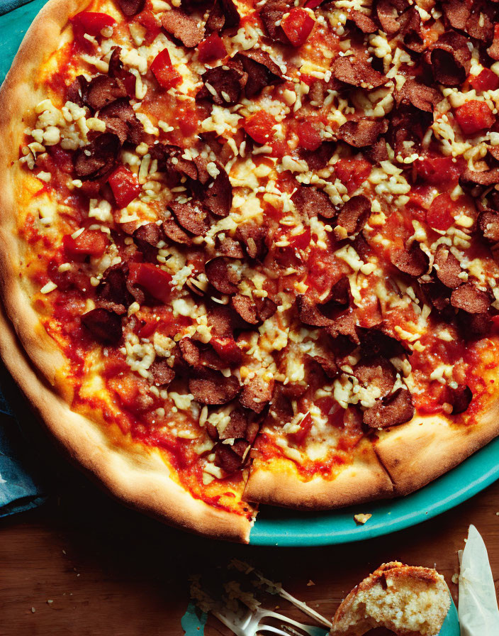 Golden Crust Pizza with Cheese, Sausage, and Pepperoni on Blue Plate