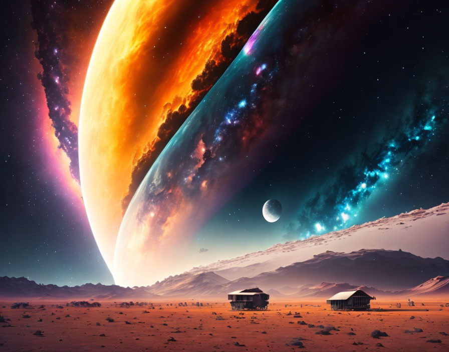 Fantastical desert landscape with surreal sky and celestial bodies