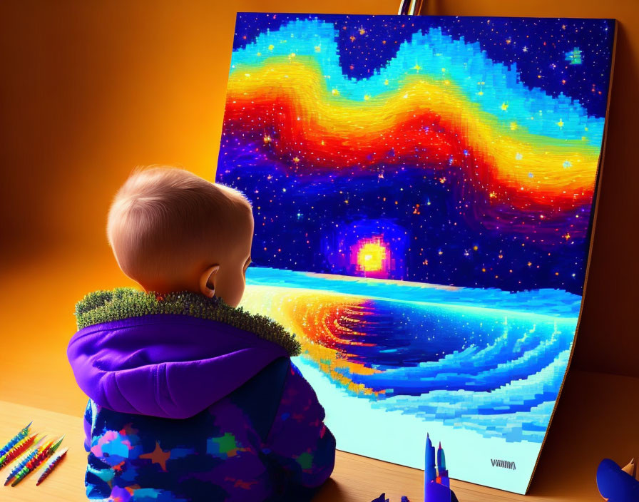 Child admires digital painting of starry sky and water reflection with crayons.