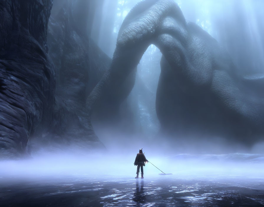 Mysterious figure in icy cavern with tentacle-like structures