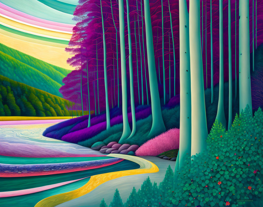 Colorful Forest and River in Stylized Landscape