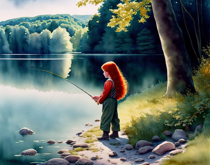 Young girl with red hair fishing at serene lake in lush greenery