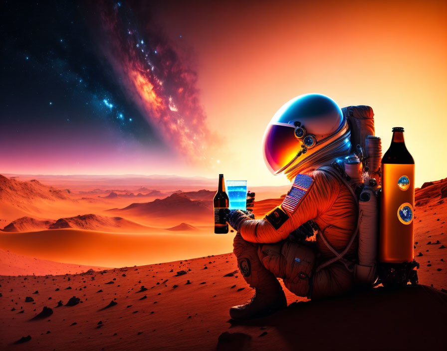 Astronaut on Mars-like landscape with bottle and glass under starry sky