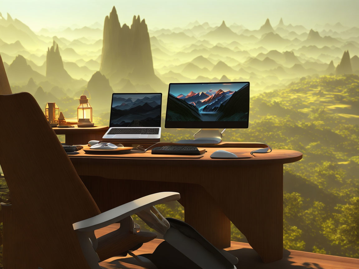 Spacious desk with multiple monitors overlooking forested landscape