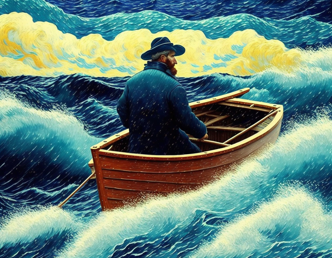 Man in blue coat rows wooden boat in expressive painting with swirling sky