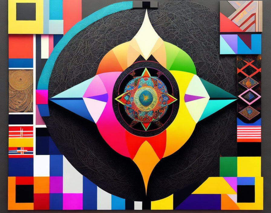 Colorful Abstract Artwork with Geometric Shapes and Mandala Design