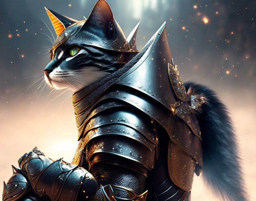 Digital Artwork: Cat in Knight Armor with Green Eyes on Cosmic Background