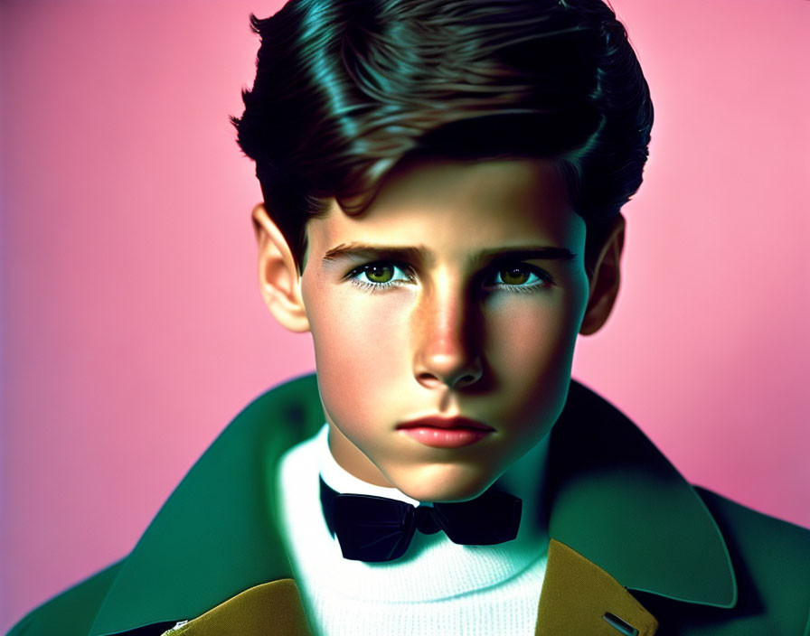 Young male portrait: styled hair, green eyes, bow tie, tuxedo, pink background