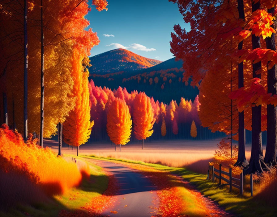 Tranquil autumn road with red and golden trees, misty forest, and mountain backdrop