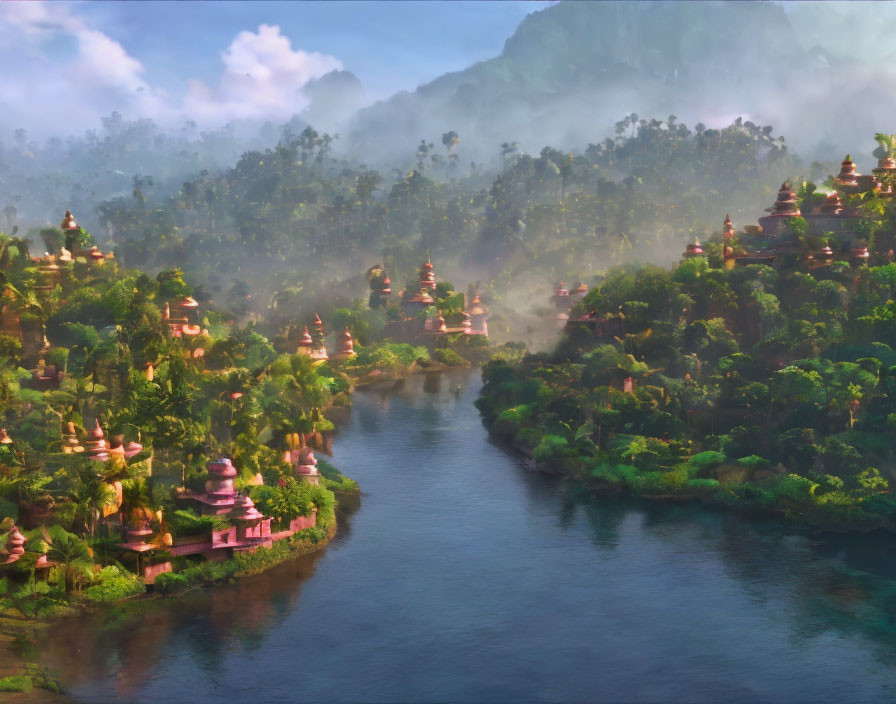 Fantastical landscape: Serene river village with ornate buildings and lush greenery