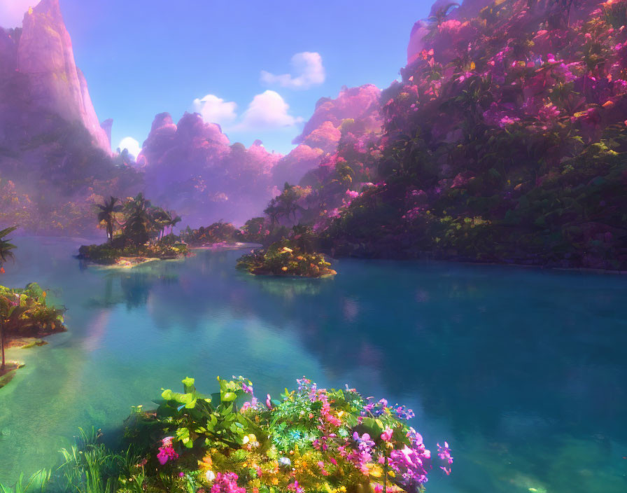 Serene colorful fantasy landscape with lush flora and tranquil river