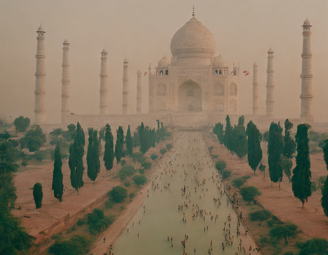 Iconic Taj Mahal Reflection in Water Amid Trees & People