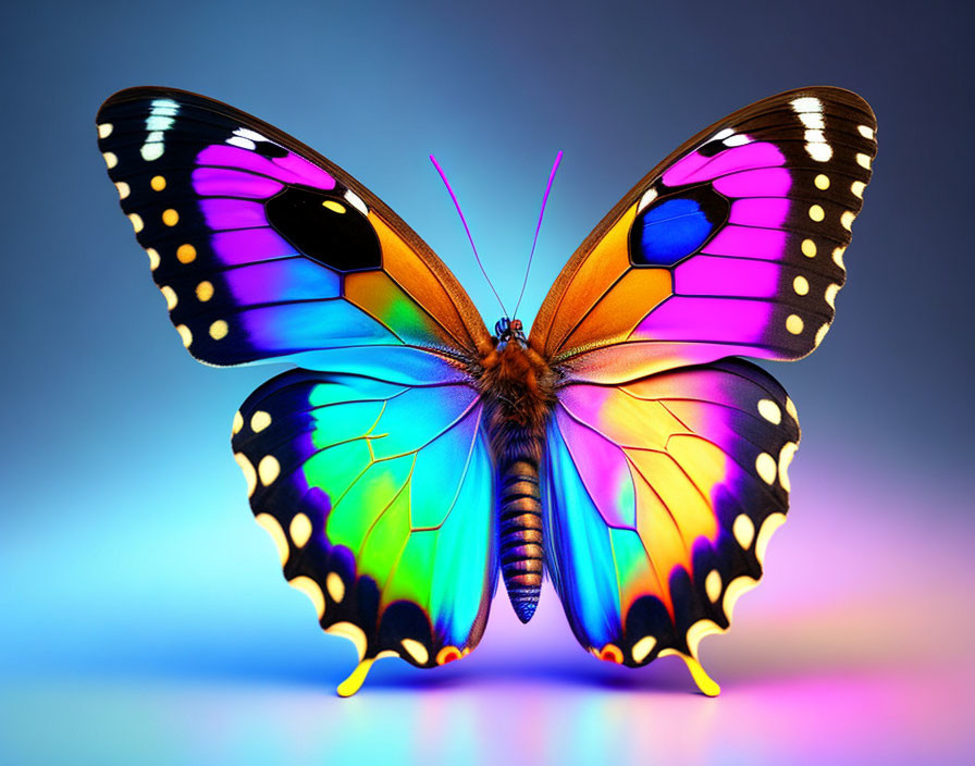 Colorful Butterfly with Blue, Orange, and Yellow Wings on Gradient Background