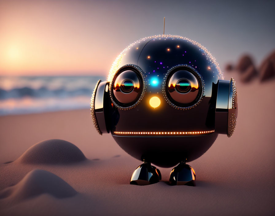 Glowing-eyed spherical robot on sandy beach at sunset