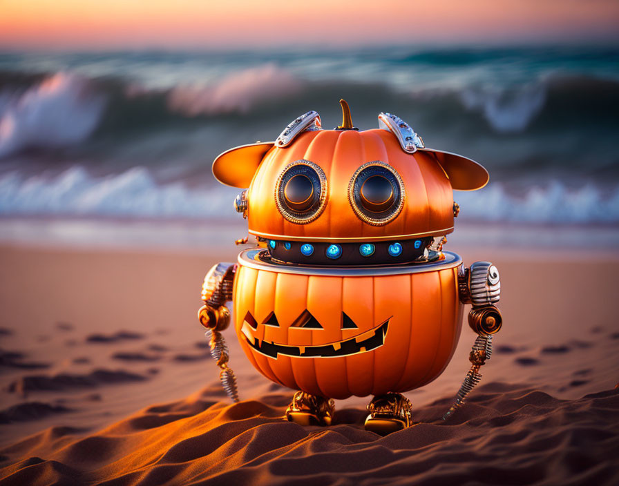 Whimsical pumpkin-shaped robot on beach at sunset