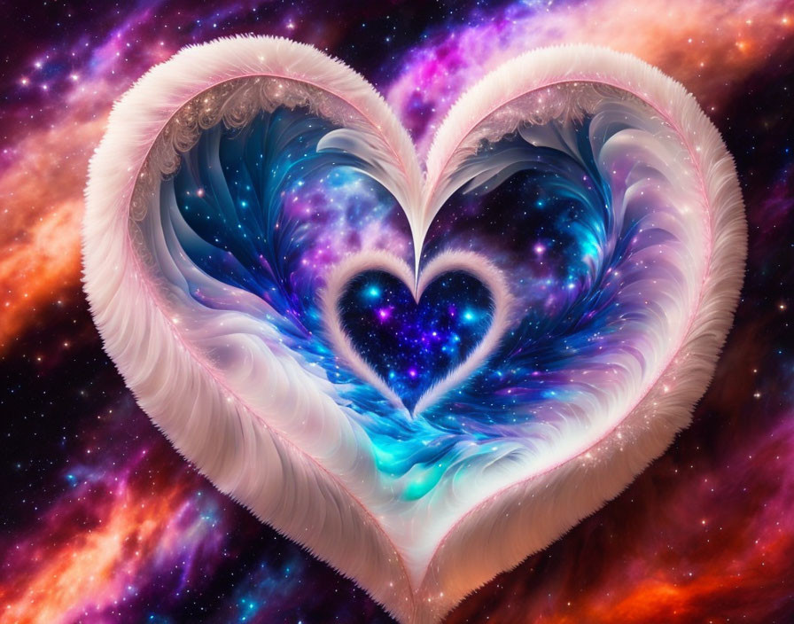 Intricate heart with feather wings on cosmic background.