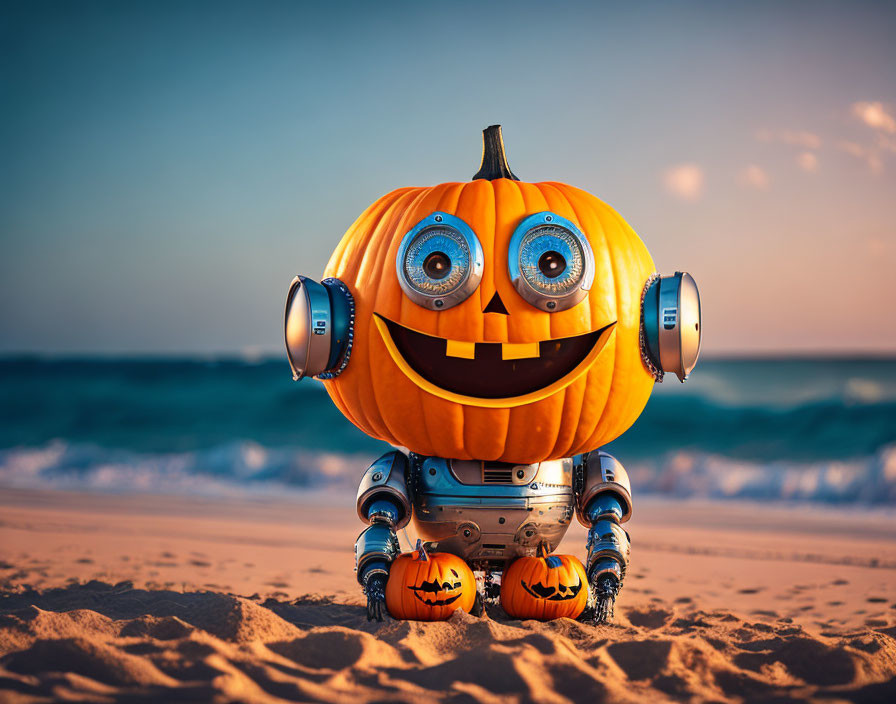 Pumpkin-headed robot with blue eyes on beach at dusk