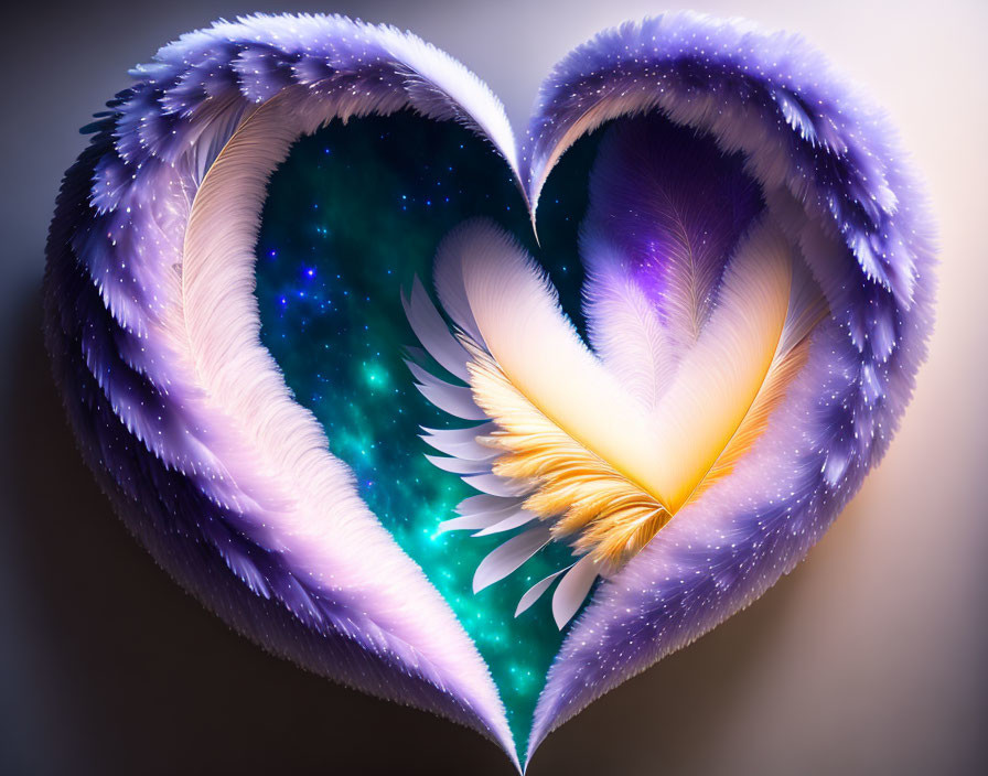 Feathered Wings Heart Shape on Cosmic Background