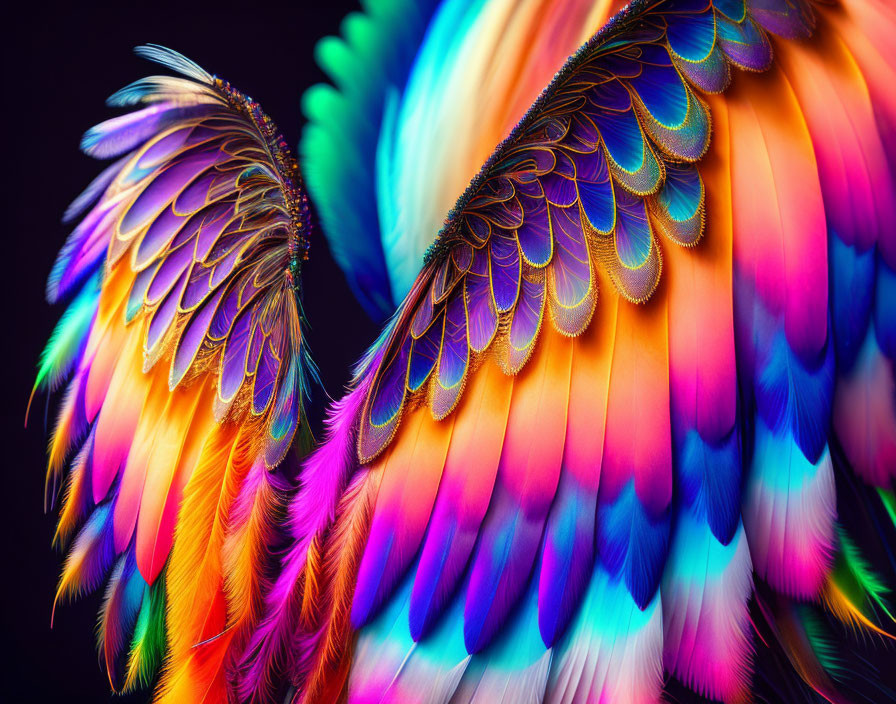 Colorful Feather Wings Against Black Background