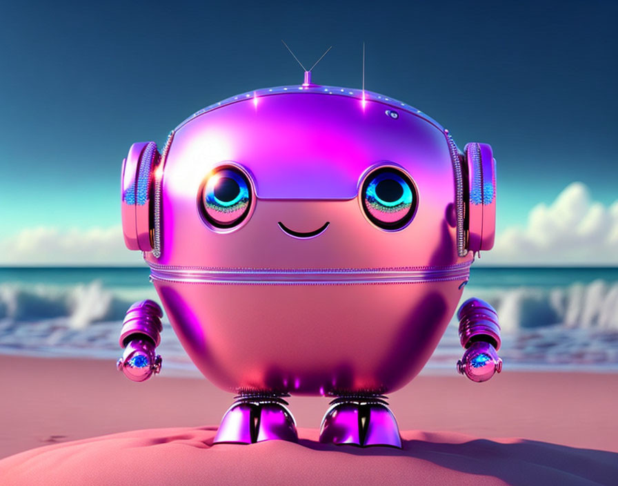 Shiny purple robot with big eyes and headphones on sandy beach