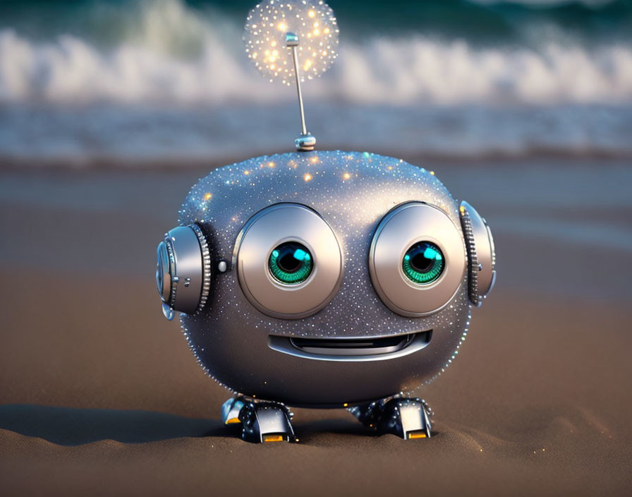 Smiling spherical robot with green eyes on sandy beach