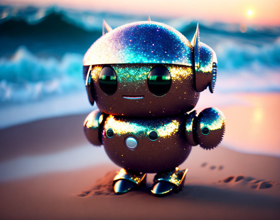 Sparkly Robot with Large Eyes and Bow Tie on Sandy Beach at Sunset