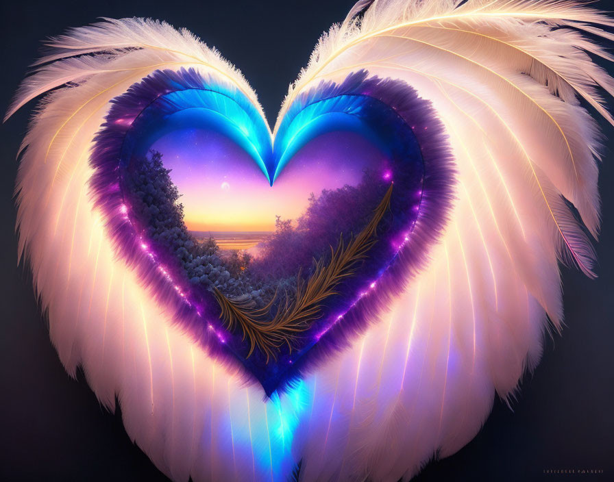 White feather heart with blue and purple lights surrounding serene landscape.