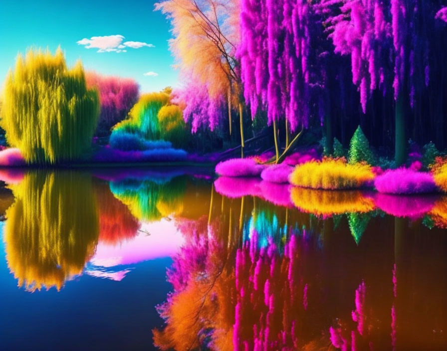 Vibrant surreal landscape with colorful trees and calm lake