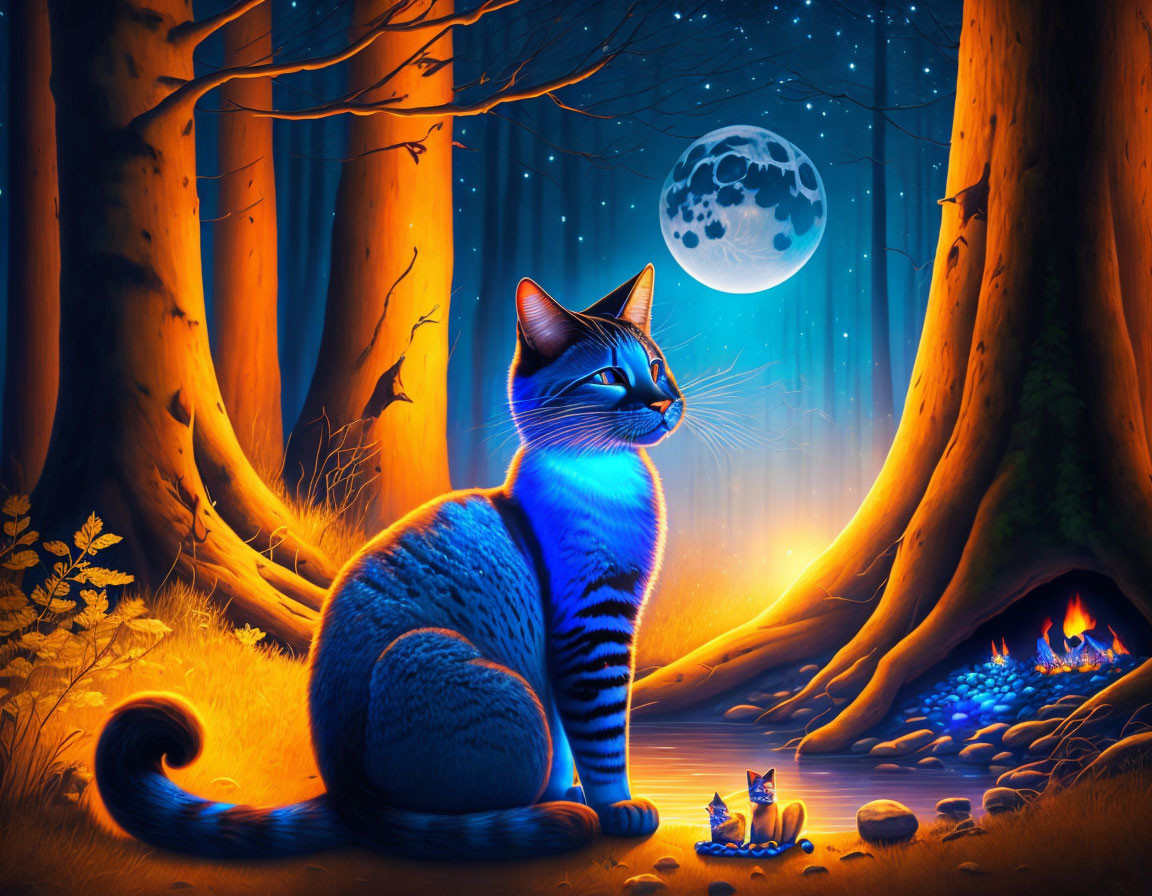 Cat with glowing eyes in mystical forest at night under full moon