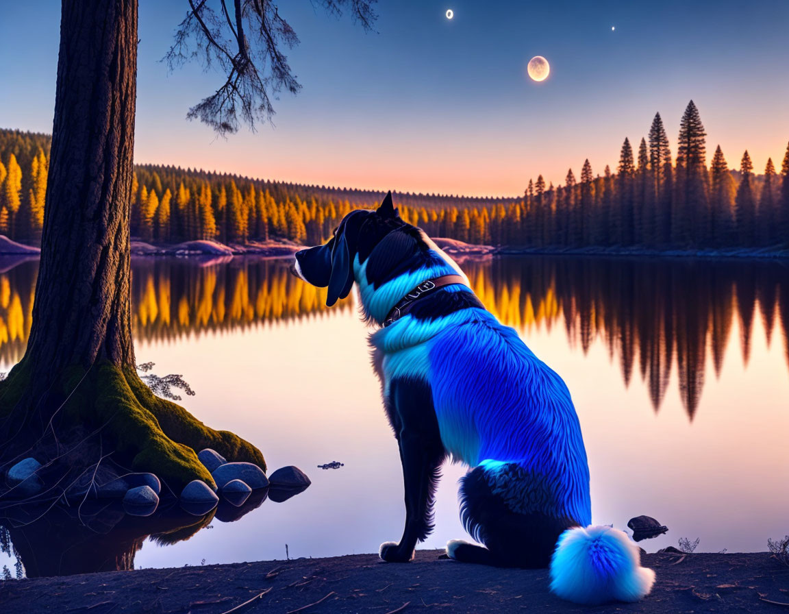 Dog by serene lake at twilight with two moons reflecting, forest silhouette.