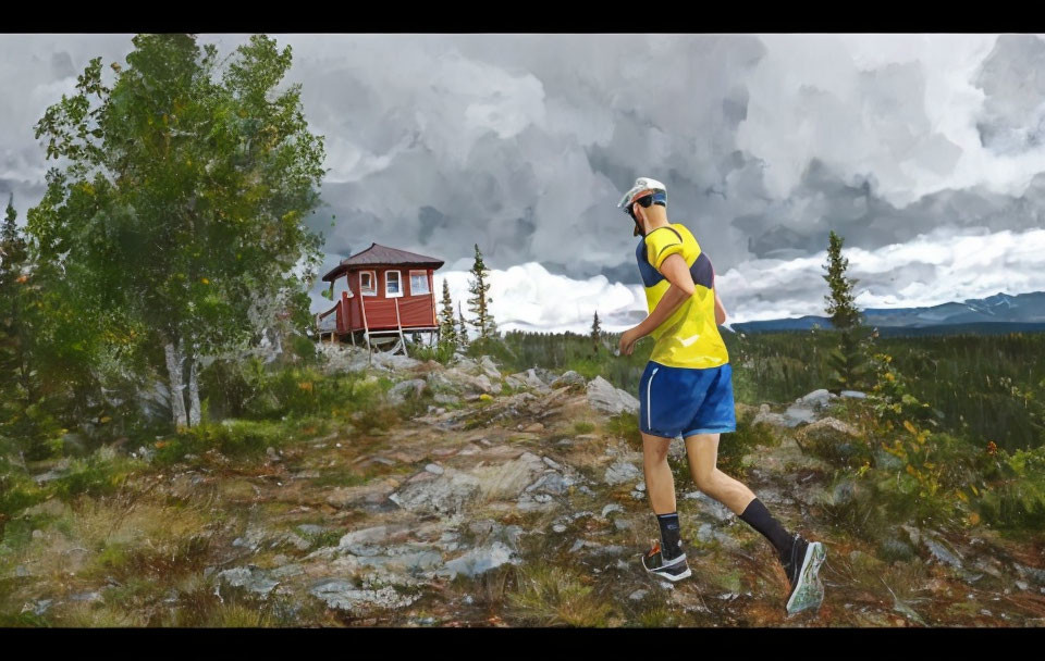 Runner in Yellow Top Jogging on Rocky Terrain with Red Cabin and Stormy Sky