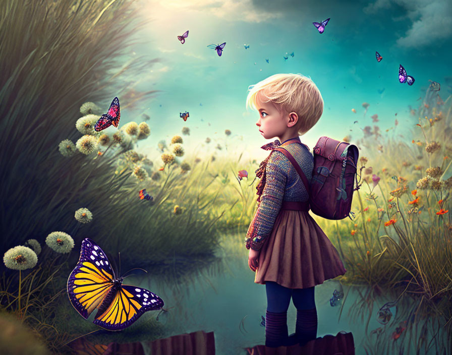 Child with backpack in meadow surrounded by butterflies and dandelion seeds