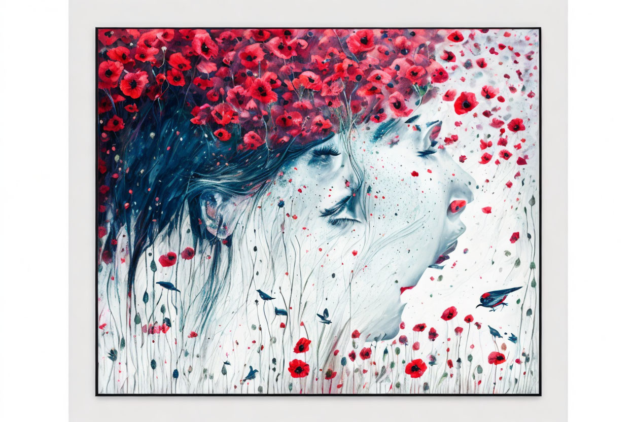 Profile portrait of a woman with blue hair surrounded by red poppies and birds