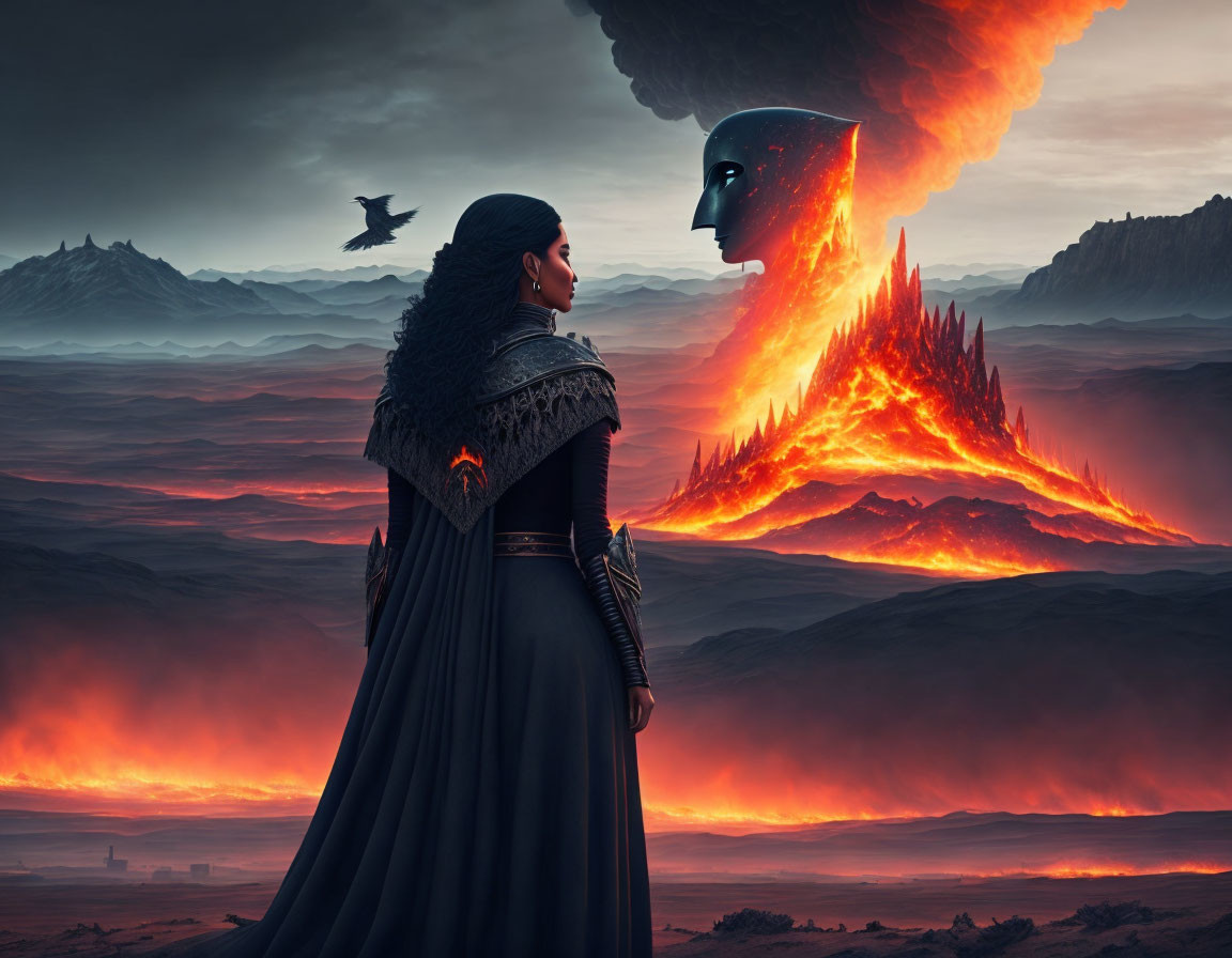 Fantastical volcanic eruption scene with woman in dark cloak