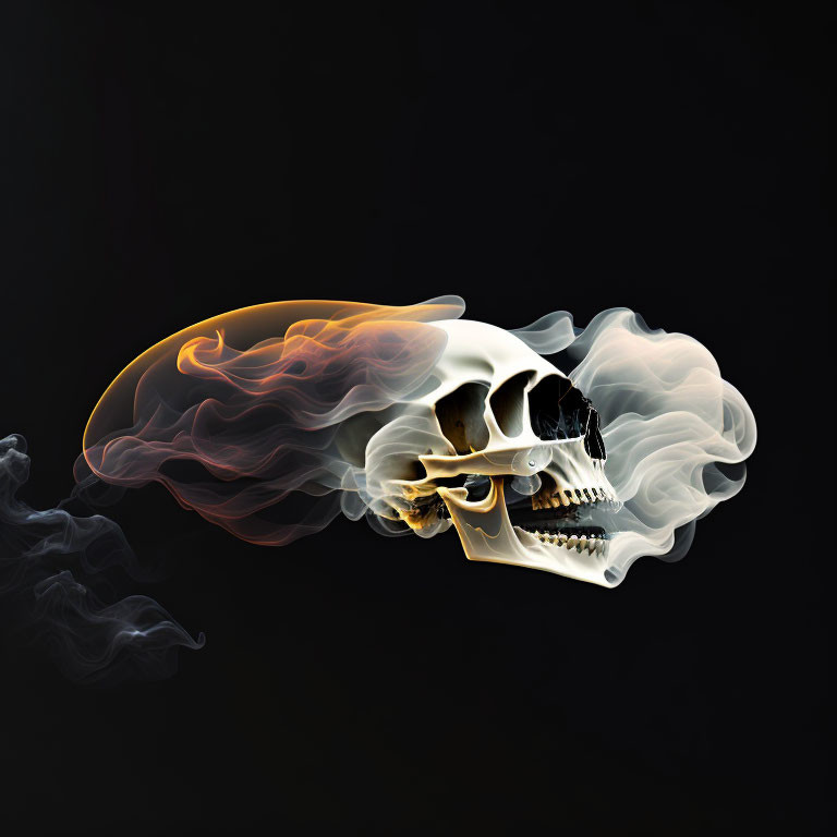 Digital Artwork: Human Skull in Orange and White Smoke