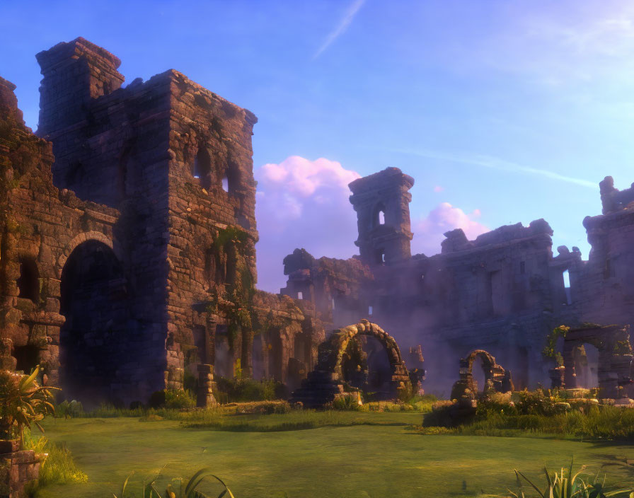 Ancient stone structure ruins with arches and columns under soft sunlight against blue sky