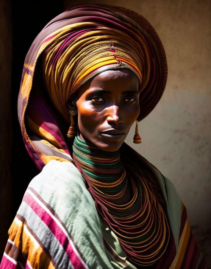 Colorful Turban and Beaded Necklaces on Woman with Strong Features