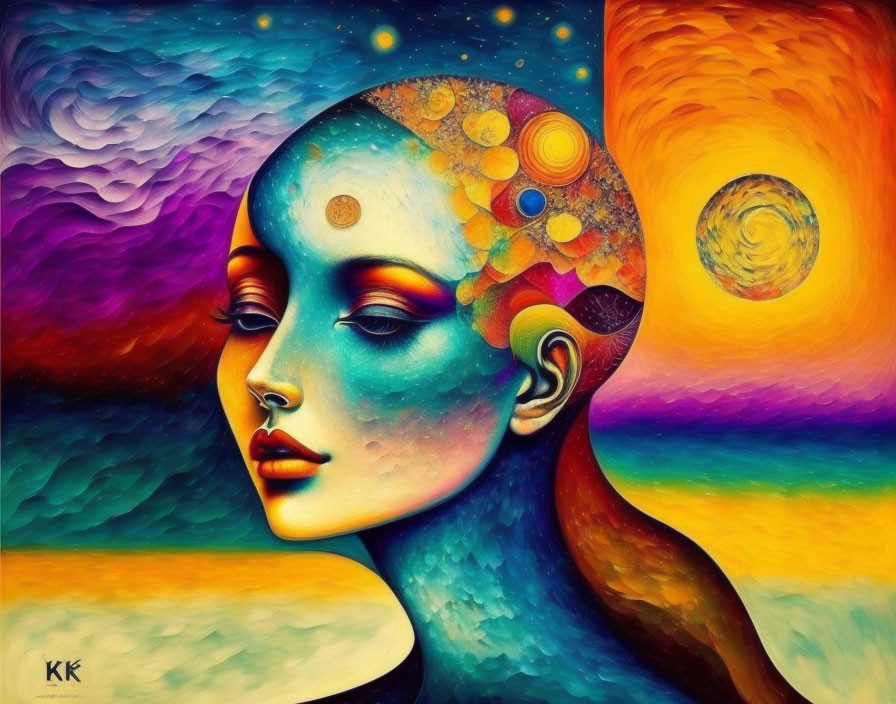 Surrealist painting of female figure with cosmic-themed head