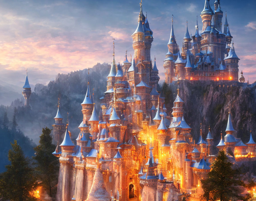 Enchanted fairy-tale castle on rocky cliff at twilight